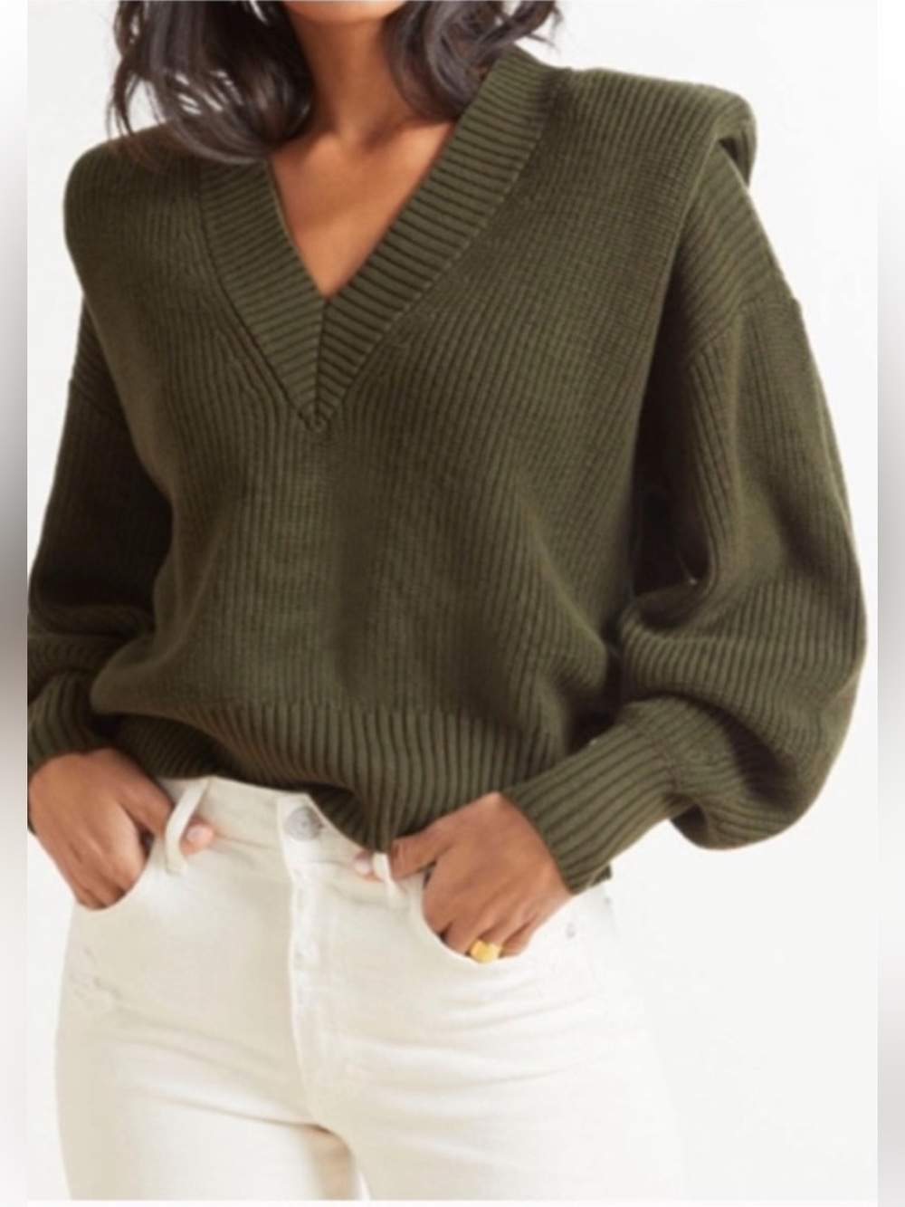 pistola Camille Strong Shoulder Olive Green V-Neck Ribbed Sweater